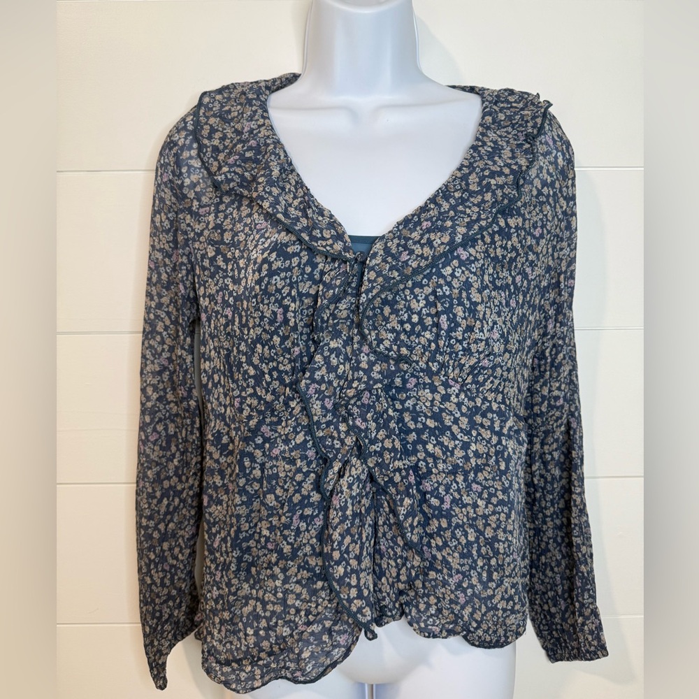 Lucky Brand Button Up Navy Floral Blouse